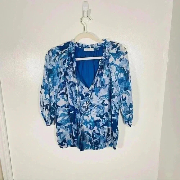 Ramy Brook Celeste Blouse Floral Printed Silk Metallic Bohemian Airy Ruffle - Picture 2 of 10